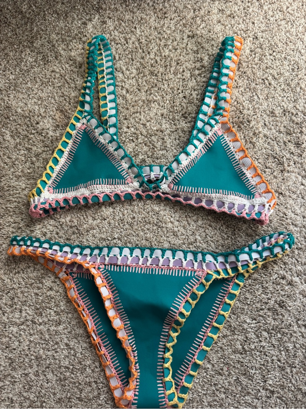 KIINI Teal Bikini Bottom with Multicolor Crochet Trim